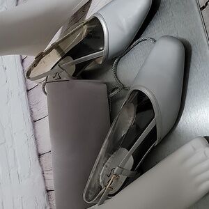 Gray satin shoes and matching purse